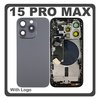HQ OEM Συμβατό Με Apple iPhone 15 Pro Max, iPhone 15 ProMax (A2849, A3105) Rear Back Battery Cover Middle Frame- Housing Πίσω Κάλυμμα Καπάκι Πλάτη Μπαταρίας + Power Button + Volume Button Flex Cable + Sim Card Tray + Flashlight Flex + NFC Black Titanium Μαύρο (Premium A+)