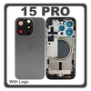 HQ OEM Συμβατό Με Apple iPhone 15 Pro, iPhone 15Pro (A2848, A3101) Rear Back Battery Cover Middle Frame- Housing Πίσω Κάλυμμα Καπάκι Πλάτη Μπαταρίας + Camera Lens Τζαμάκι Κάμερας + Sim Card Tray + Magsafe Black Titanium Μαύρο (Premium A+)