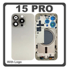 HQ OEM Συμβατό Με Apple iPhone 15 Pro, iPhone 15Pro (A2848, A3101) Rear Back Battery Cover Middle Frame- Housing Πίσω Κάλυμμα Καπάκι Πλάτη Μπαταρίας + Camera Lens Τζαμάκι Κάμερας + Sim Card Tray + Magsafe Natural Titanium Γκρι (Premium A+)