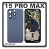 HQ OEM Συμβατό Με Apple iPhone 15 Pro Max, iPhone 15 ProMax (A2849, A3105) Rear Back Battery Cover Middle Frame- Housing Πίσω Κάλυμμα Καπάκι Πλάτη Μπαταρίας + Power Button + Volume Button Flex Cable + Sim Card Tray + Flashlight Flex + NFC Blue Titanium Μπλε (Premium A+)
