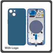 HQ OEM Συμβατό Για Apple iPhone 13, iPhone13 (A2633, A2482) EU Version Rear Back Battery Cover Middle Frame- Housing Πίσω Κάλυμμα Καπάκι Πλάτη Μπαταρίας - Σασί + Side Keys Πλαϊνά πλήκτρα  + Sim Tray Θήκη Κάρτας Midnight Blue Μπλε (Grade AAA+++)