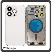 HQ OEM Συμβατό Με Apple iPhone 14 Pro (A2890), Rear Back Battery Cover Middle Frame- Housing Πίσω Κάλυμμα Καπάκι Πλάτη Μπαταρίας - Σασί + Camera Lens Τζαμάκι Κάμερας + Side Keys Πλαινά πλήκτρα  + Sim Tray Θήκη Κάρτας Silver Ασημί (Premium A+)