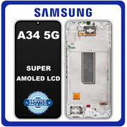 Γνήσια Original Samsung Galaxy A34 5G (SM-A346E, SM-A346B), Super AMOLED LCD Display Screen Assembly Οθόνη + Touch Screen Digitizer Μηχανισμός Αφής + Frame Bezel Πλαίσιο Σασί Silver Ασημί GH82-31201B GH82-31200B (Service Pack By Samsung)