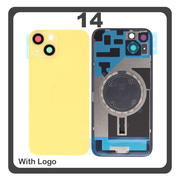HQ OEM Συμβατό Με Apple iPhone 14, iPhone14 (A2882, A2649) Rear Back Battery Cover Πίσω Κάλυμμα Καπάκι Πλάτη Μπαταρίας + Metal Plate + Camera Lens Τζαμάκι Κάμερας + Magsafe Yellow Κίτρινο (Premium A+)