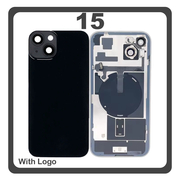 HQ OEM Συμβατό Με iPhone 15 , iPhone15 (A3090, A2846) Rear Back Battery Cover Πίσω Κάλυμμα Καπάκι Πλάτη Μπαταρίας + Metal Plate + Camera Lens Τζαμάκι Κάμερας + Magsafe + NFC Black Μαύρο (Premium A+)