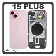 HQ OEM Συμβατό Με Apple iPhone 15 Plus, iPhone 15+ (A3094, A2847) Rear Back Battery Cover Πίσω Κάλυμμα Καπάκι Πλάτη Μπαταρίας + Metal Plate + Camera Lens Τζαμάκι Κάμερας + Magsafe Pink Ροζ (Premium A+)