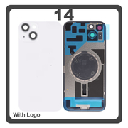 HQ OEM Συμβατό Με Apple iPhone 14, iPhone14 (A2882, A2649) Rear Back Battery Cover Πίσω Κάλυμμα Καπάκι Πλάτη Μπαταρίας + Metal Plate + Camera Lens Τζαμάκι Κάμερας + Magsafe White Άσπρο (Premium A+)