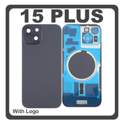 HQ OEM Συμβατό Με Apple iPhone 15 Plus, iPhone 15+ (A3094, A2847) Rear Back Battery Cover Πίσω Κάλυμμα Καπάκι Πλάτη Μπαταρίας + Metal Plate + Camera Lens Τζαμάκι Κάμερας + Magsafe Black Μαύρο (Premium A+)