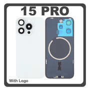 HQ OEM Συμβατό Με Apple iPhone 15 Pro, iPhone 15Pro (A2848, A3101) Rear Back Battery Cover Πίσω Κάλυμμα Καπάκι Πλάτη Μπαταρίας + Metal Plate + Camera Lens Τζαμάκι Κάμερας + Magsafe White Titanium Άσπρο (Premium A+)