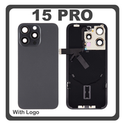 HQ OEM Συμβατό Με Apple iPhone 15 Pro, iPhone 15Pro (A2848, A3101) Rear Back Battery Cover Πίσω Κάλυμμα Καπάκι Πλάτη Μπαταρίας + Metal Plate + Camera Lens Τζαμάκι Κάμερας + Magsafe + NFC Black Titanium Μαύρο (Premium A+)