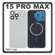 HQ OEM Συμβατό Με Apple iPhone 15 Pro Max, iPhone 15 ProMax (A2849, A3105) Rear Back Battery Cover Πίσω Κάλυμμα Καπάκι Πλάτη Μπαταρίας + Metal Plate + Camera Lens Τζαμάκι Κάμερας + Magsafe Natural Titanium Γκρι (Premium A+)