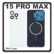 HQ OEM Συμβατό Με Apple iPhone 15 Pro Max, iPhone 15 ProMax (A2849, A3105) Rear Back Battery Cover Πίσω Κάλυμμα Καπάκι Πλάτη Μπαταρίας + Metal Plate + Camera Lens Τζαμάκι Κάμερας + Magsafe White Titanium Άσπρο (Premium A+)