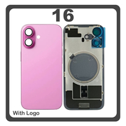 HQ OEM Συμβατό Με Apple iPhone 16, iPhone16 (A3287, A3081) Rear Back Battery Cover Πίσω Κάλυμμα Καπάκι Πλάτη Μπαταρίας + Metal Plate + Camera Lens Τζαμάκι Κάμερας + Magsafe Pink Ροζ (Premium A+)