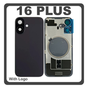 HQ OEM Συμβατό Με Apple iPhone 16 Plus, iPhone 16+ (A3290, A3082) Rear Back Battery Cover Πίσω Κάλυμμα Καπάκι Πλάτη Μπαταρίας + Metal Plate + Camera Lens Τζαμάκι Κάμερας + Magsafe Black Μαύρο (Premium A+)