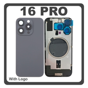 HQ OEM Συμβατό Με Apple iPhone 16 Pro, iPhone 16Pro (A3293, A3083) Rear Back Battery Cover Πίσω Κάλυμμα Καπάκι Πλάτη Μπαταρίας + Metal Plate + Camera Lens Τζαμάκι Κάμερας + Magsafe Black Titanium Μαύρο (Premium A+)