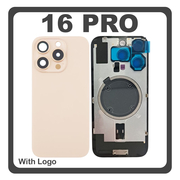 HQ OEM Συμβατό Με Apple iPhone 16 Pro, iPhone 16Pro (A3293, A3083) Rear Back Battery Cover Πίσω Κάλυμμα Καπάκι Πλάτη Μπαταρίας + Metal Plate + Camera Lens Τζαμάκι Κάμερας + Magsafe Desert Titanium Χρυσό (Premium A+)