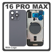 HQ OEM Συμβατό Με Apple iPhone 16 Pro Max, iPhone 16 ProMax (A3296, A3084) Rear Back Battery Cover Πίσω Κάλυμμα Καπάκι Πλάτη Μπαταρίας + Metal Plate + Camera Lens Τζαμάκι Κάμερας + Magsafe Black Titanium Μαύρο (Premium A+)