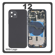 HQ OEM Συμβατό Με Apple iPhone 12 (A2403, A2172) Rear Back Battery Cover Middle Frame- Housing Πίσω Κάλυμμα Καπάκι Πλάτη Μπαταρίας + Power Button + Volume Button Flex Cable + Sim Card Tray + Flashlight Flex + NFC Black Μαύρο (Premium A+)