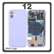 HQ OEM Συμβατό Με Apple iPhone 12 (A2403, A2172) Rear Back Battery Cover Middle Frame- Housing Πίσω Κάλυμμα Καπάκι Πλάτη Μπαταρίας + Power Button + Volume Button Flex Cable + Sim Card Tray + Flashlight Flex + NFC Purple Μωβ (Premium A+)