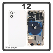 HQ OEM Συμβατό Με Apple iPhone 12 (A2403, A2172) Rear Back Battery Cover Middle Frame- Housing Πίσω Κάλυμμα Καπάκι Πλάτη Μπαταρίας + Power Button + Volume Button Flex Cable + Sim Card Tray + Flashlight Flex + NFC White Άσπρο (Premium A+)