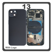 HQ OEM Συμβατό Με Apple iPhone 13, iPhone13 (A2633, A2482) Rear Back Battery Cover Middle Frame- Housing Πίσω Κάλυμμα Καπάκι Πλάτη Μπαταρίας + Power Button + Volume Button Flex Cable + Sim Card Tray + Flashlight Flex + NFC Black Μαύρο (Premium A+)