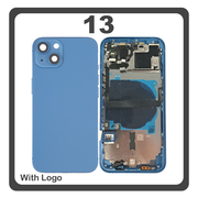 HQ OEM Συμβατό Με Apple iPhone 13, iPhone13 (A2633, A2482) Rear Back Battery Cover Middle Frame- Housing Πίσω Κάλυμμα Καπάκι Πλάτη Μπαταρίας + Power Button + Volume Button Flex Cable + Sim Card Tray + Flashlight Flex + NFC Blue Μπλε (Premium A+)