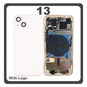 HQ OEM Συμβατό Με Apple iPhone 13, iPhone13 (A2633, A2482) Rear Back Battery Cover Middle Frame- Housing Πίσω Κάλυμμα Καπάκι Πλάτη Μπαταρίας + Power Button + Volume Button Flex Cable + Sim Card Tray + Flashlight Flex + NFC White Άσπρο (Premium A+)