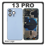 HQ OEM Συμβατό Με Apple iPhone 13 Pro (A2638, A2483) Rear Back Battery Cover Middle Frame- Housing Πίσω Κάλυμμα Καπάκι Πλάτη Μπαταρίας + Power Button + Volume Button Flex Cable + Sim Card Tray + Flashlight Flex + NFC Blue Μπλε (Premium A+)
