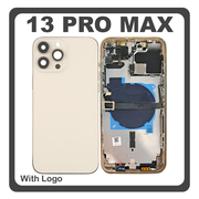 HQ OEM Συμβατό Με Apple iPhone 13 Pro Max (A2643, A2484) Rear Back Battery Cover Middle Frame- Housing Πίσω Κάλυμμα Καπάκι Πλάτη Μπαταρίας + Power Button + Volume Button Flex Cable + Sim Card Tray + Flashlight Flex + NFC Gold Χρυσό (Premium A+)