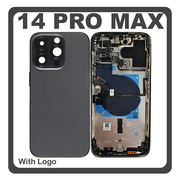 HQ OEM Συμβατό Με Apple iPhone 14 Pro Max, iPhone 14 ProMax (A2894, A2651), Rear Back Battery Cover Middle Frame- Housing Πίσω Κάλυμμα Καπάκι Πλάτη Μπαταρίας + Power Button + Volume Button Flex Cable + Sim Card Tray + Flashlight Flex + NFC Black Μαύρο (Premium A+)