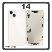 HQ OEM Συμβατό Με Apple iPhone 14, iPhone14 (A2882, A2649) Rear Back Battery Cover Middle Frame + Housing Πίσω Κάλυμμα Καπάκι Πλάτη Μπαταρίας - Σασί + Camera Lens Τζαμάκι Κάμερας + Side Keys  + Sim Tray Θήκη Κάρτας + Flashlight + NFC​ White Άσπρο (Premium A+)