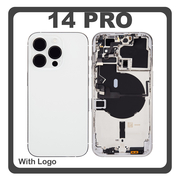 HQ OEM Συμβατό Με Apple iPhone 14 Pro (A2890, A2650) Rear Back Battery Cover Middle Frame- Housing Πίσω Κάλυμμα Καπάκι Πλάτη Μπαταρίας + Power Button + Volume Button Flex Cable + Sim Card Tray + Flashlight Flex + NFC White Άσπρο (Premium A+)