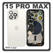 HQ OEM &Sigma;&upsilon;&mu;&beta;&alpha;&tau;ό &Mu;&epsilon; Apple iPhone 15 Pro Max, iPhone 15 ProMax (A2849, A3105) Rear Back Battery Cover Middle Frame- Housing &Pi;ί&sigma;&omega; &Kappa;ά&lambda;&upsilon;&mu;&mu;&alpha; &Kappa;&alpha;&pi;ά&kappa;&iota; &Pi;&lambda;ά&tau;&eta; &Mu;&pi;&alpha;&tau;&alpha;&rho;ί&alpha;&sigmaf; + Power Button + Volume Button Flex Cable + Sim Card Tray + Flashlight Flex + NFC White Titanium Ά&sigma;&pi;&rho;&omicron; (Premium A+)