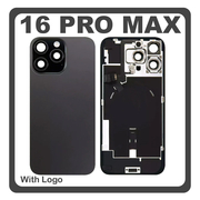 HQ OEM Συμβατό Με Apple iPhone 16 Pro Max, iPhone 16 ProMax (A3296, A3084) Rear Back Battery Cover Πίσω Κάλυμμα Καπάκι Πλάτη Μπαταρίας + Metal Plate + Camera Lens Τζαμάκι Κάμερας + Magsafe + NFC + Flashlight Flex Titanium Black Μαύρο (Premium A+)