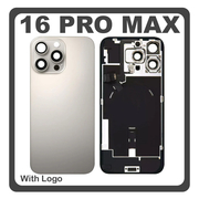 HQ OEM Συμβατό Με Apple iPhone 16 Pro Max, iPhone 16 ProMax (A3296, A3084) Rear Back Battery Cover Πίσω Κάλυμμα Καπάκι Πλάτη Μπαταρίας + Metal Plate + Camera Lens Τζαμάκι Κάμερας + Magsafe + NFC + Flashlight Flex Natural Titanium Γκρι​ (Premium A+)