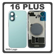 HQ OEM &Sigma;&upsilon;&mu;&beta;&alpha;&tau;ό &Mu;&epsilon; Apple iPhone 16 Plus, iPhone 16+ (A3290, A3082) Rear Back Battery Cover + Middle Frame - Housing + Camera Lens + Magsafe Teal &Tau;&iota;&rho;&kappa;&omicron;&upsilon;ά&zeta; (Premium A+)