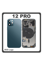 HQ OEM Συμβατό Με Apple iPhone 12 Pro, (A2407, A2341) Rear Back Battery Cover Middle Frame- Housing Πίσω Κάλυμμα Καπάκι Πλάτη Μπαταρίας + Power Button + Volume Button Flex Cable + Sim Card Tray + Flashlight Flex + NFC Blue Μπλε (Premium A+)