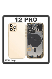 HQ OEM Συμβατό Με Apple iPhone 12 Pro, (A2407, A2341) Rear Back Battery Cover Middle Frame- Housing Πίσω Κάλυμμα Καπάκι Πλάτη Μπαταρίας + Power Button + Volume Button Flex Cable + Sim Card Tray + Flashlight Flex + NFC Gold Χρυσό (Premium A+)
