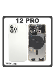 HQ OEM Συμβατό Με Apple iPhone 12 Pro, (A2407, A2341) Rear Back Battery Cover Middle Frame- Housing Πίσω Κάλυμμα Καπάκι Πλάτη Μπαταρίας + Power Button + Volume Button Flex Cable + Sim Card Tray + Flashlight Flex + NFC White Άσπρο (Premium A+)