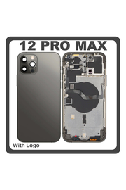 HQ OEM Συμβατό Με Apple iPhone 12 Pro Max, iPhone12 Pro Max (A2411, A2342) Rear Back Battery Cover Middle Frame- Housing Πίσω Κάλυμμα Καπάκι Πλάτη Μπαταρίας + Power Button + Volume Button Flex Cable + Sim Card Tray + Flashlight Flex + NFC Black Μαύρο (Premium A+)