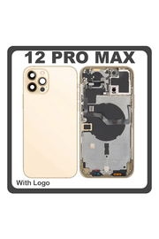 HQ OEM Συμβατό Με Apple iPhone 12 Pro Max, iPhone12 Pro Max (A2411, A2342) Rear Back Battery Cover Middle Frame- Housing Πίσω Κάλυμμα Καπάκι Πλάτη Μπαταρίας + Power Button + Volume Button Flex Cable + Sim Card Tray + Flashlight Flex + NFC Gold Χρυσό (Premium A+)