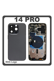 HQ OEM Συμβατό Με Apple iPhone 14 Pro (A2890, A2650) Rear Back Battery Cover Middle Frame- Housing Πίσω Κάλυμμα Καπάκι Πλάτη Μπαταρίας + Power Button + Volume Button Flex Cable + Sim Card Tray + Flashlight Flex + NFC Black Μαύρο (Premium A+)
