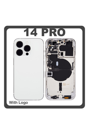 HQ OEM Συμβατό Με Apple iPhone 14 Pro (A2890, A2650) Rear Back Battery Cover Middle Frame- Housing Πίσω Κάλυμμα Καπάκι Πλάτη Μπαταρίας + Power Button + Volume Button Flex Cable + Sim Card Tray + Flashlight Flex + NFC White Άσπρο (Premium A+)