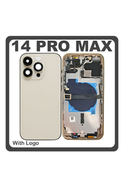 HQ OEM Συμβατό Με Apple iPhone 14 Pro Max, iPhone 14 ProMax (A2894, A2651), Rear Back Battery Cover Middle Frame- Housing Πίσω Κάλυμμα Καπάκι Πλάτη Μπαταρίας + Power Button + Volume Button Flex Cable + Sim Card Tray + Flashlight Flex + NFC Gold Χρυσό (Premium A+)