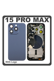 HQ OEM Συμβατό Με Apple iPhone 15 Pro Max, iPhone 15 ProMax (A2849, A3105) Rear Back Battery Cover Middle Frame- Housing Πίσω Κάλυμμα Καπάκι Πλάτη Μπαταρίας + Power Button + Volume Button Flex Cable + Sim Card Tray + Flashlight Flex + NFC Blue Titanium Μπλε (Premium A+)