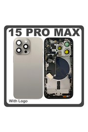 HQ OEM Συμβατό Με Apple iPhone 15 Pro Max, iPhone 15 ProMax (A2849, A3105) Rear Back Battery Cover Middle Frame- Housing Πίσω Κάλυμμα Καπάκι Πλάτη Μπαταρίας + Power Button + Volume Button Flex Cable + Sim Card Tray + Flashlight Flex + NFC Natural​ Titanium Γκρι (Premium A+)