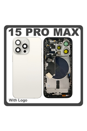 HQ OEM Συμβατό Με Apple iPhone 15 Pro Max, iPhone 15 ProMax (A2849, A3105) Rear Back Battery Cover Middle Frame- Housing Πίσω Κάλυμμα Καπάκι Πλάτη Μπαταρίας + Power Button + Volume Button Flex Cable + Sim Card Tray + Flashlight Flex + NFC White Titanium Άσπρο (Premium A+)