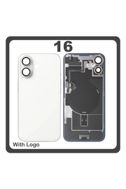 HQ OEM Συμβατό Με Apple iPhone 16, iPhone16 (A3287, A3081) Rear Back Battery Cover Πίσω Κάλυμμα Καπάκι Πλάτη Μπαταρίας + Middle Frame - Housing + Camera Lens Τζαμάκι Κάμερας + Magsafe + NFC + Flashlight Flex White Άσπρο (Premium A+)