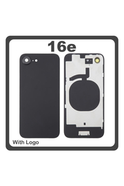 HQ OEM Συμβατό Με Apple iPhone 16e, iPhone16e (A3212, A3409) Rear Back Battery Cover Πίσω Κάλυμμα Καπάκι Πλάτη Μπαταρίας + Metal Plate + Camera Lens Τζαμάκι Κάμερας Black Μαύρο (Premium A+)