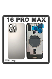 HQ OEM Συμβατό Με Apple iPhone 16 Pro Max, iPhone 16 ProMax (A3296, A3084) Rear Back Battery Cover Middle Frame - Housing Πίσω Κάλυμμα Καπάκι Πλάτη Μπαταρίας + Camera Lens Τζαμάκι Κάμερας + Magsafe + Sim Tray Natural Titanium Γκρι (Premium A+)
